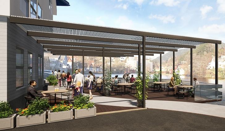 Nytt tilbygg, ny terrasse og ny elvepromenade forbi Ilya. (Ill.: Abo Plan & Arkitektur)