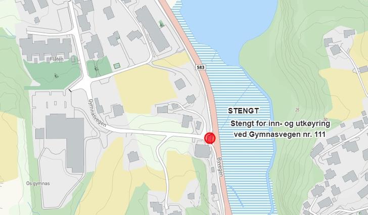 Gymnasvegen blir stengt for inn- og utkøyring. 