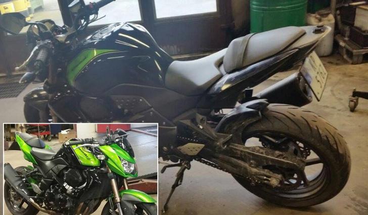 Kawasakien før og etter tjuveriet. No er sykkelen tilbake i Os og blir i dag undersøkt av takstmann. (Privat foto)