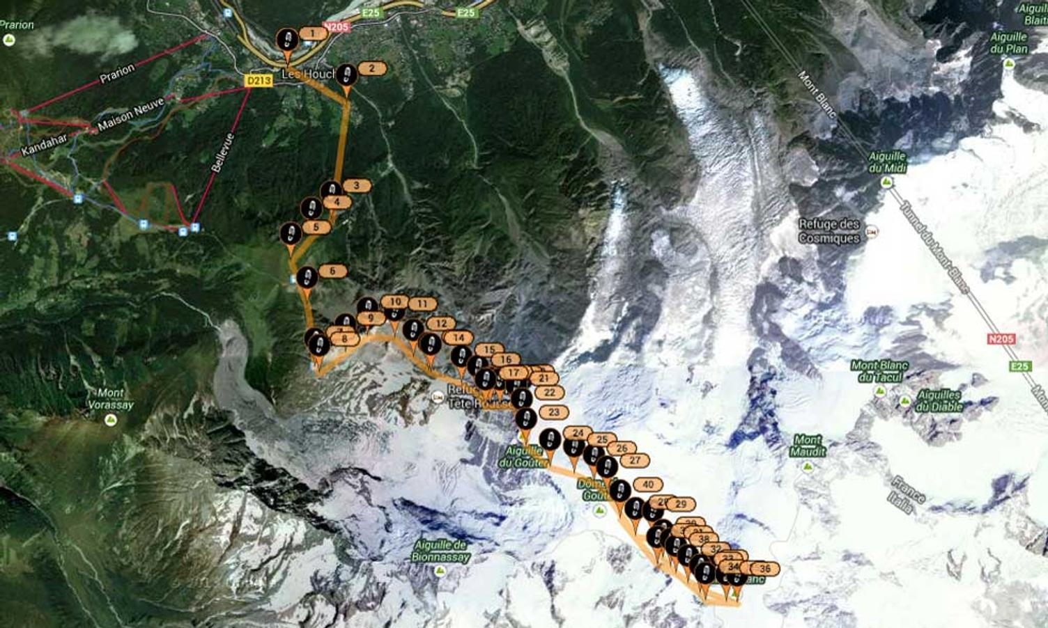 Turen starta i Les Houches ved Chamonix, 1000 moh. (Google Map/findmespot.com)